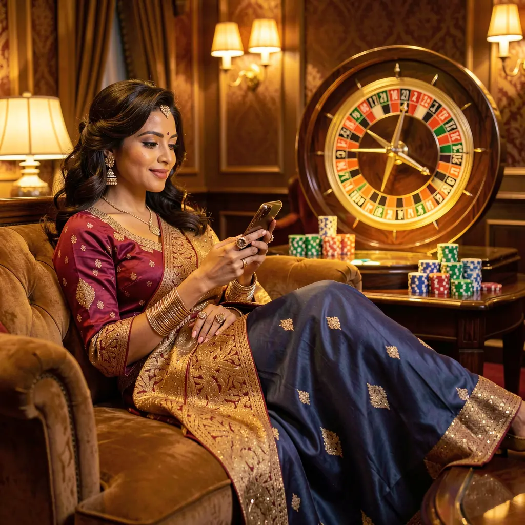 6NNN App – Enjoy premium casino entertainment anytime in Bangladesh Elegant Bangladeshi woman relaxing on a luxury sofa while using the 6NNN casino app with a glowing roulette wheel behind her