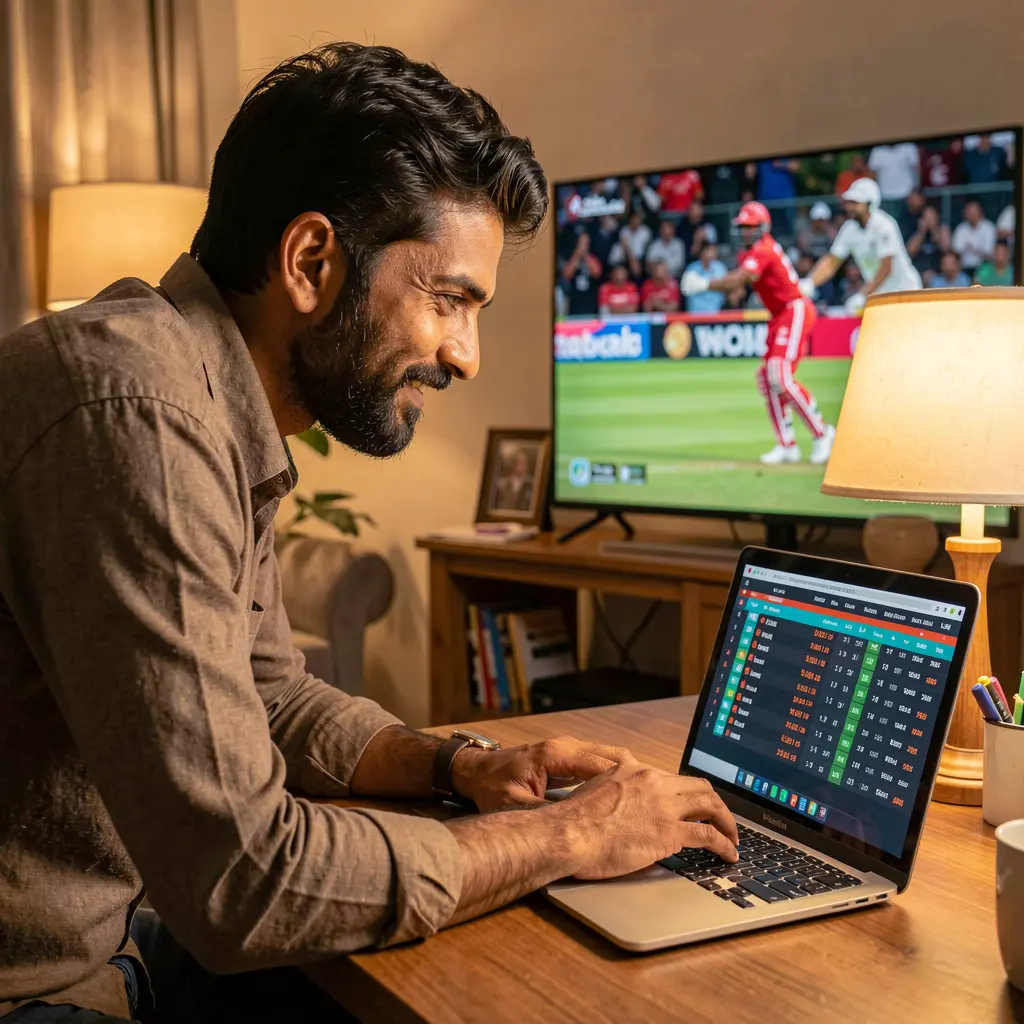 Focused Bangladeshi player reviewing live cricket betting odds on a laptop with match highlights on TV while using 6NNN from home