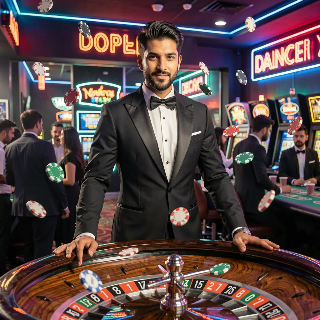 Stylish casino dealer in a tuxedo standing at a roulette table with floating chips representing the premium live casino experience at 6NNN for players in Bangladesh