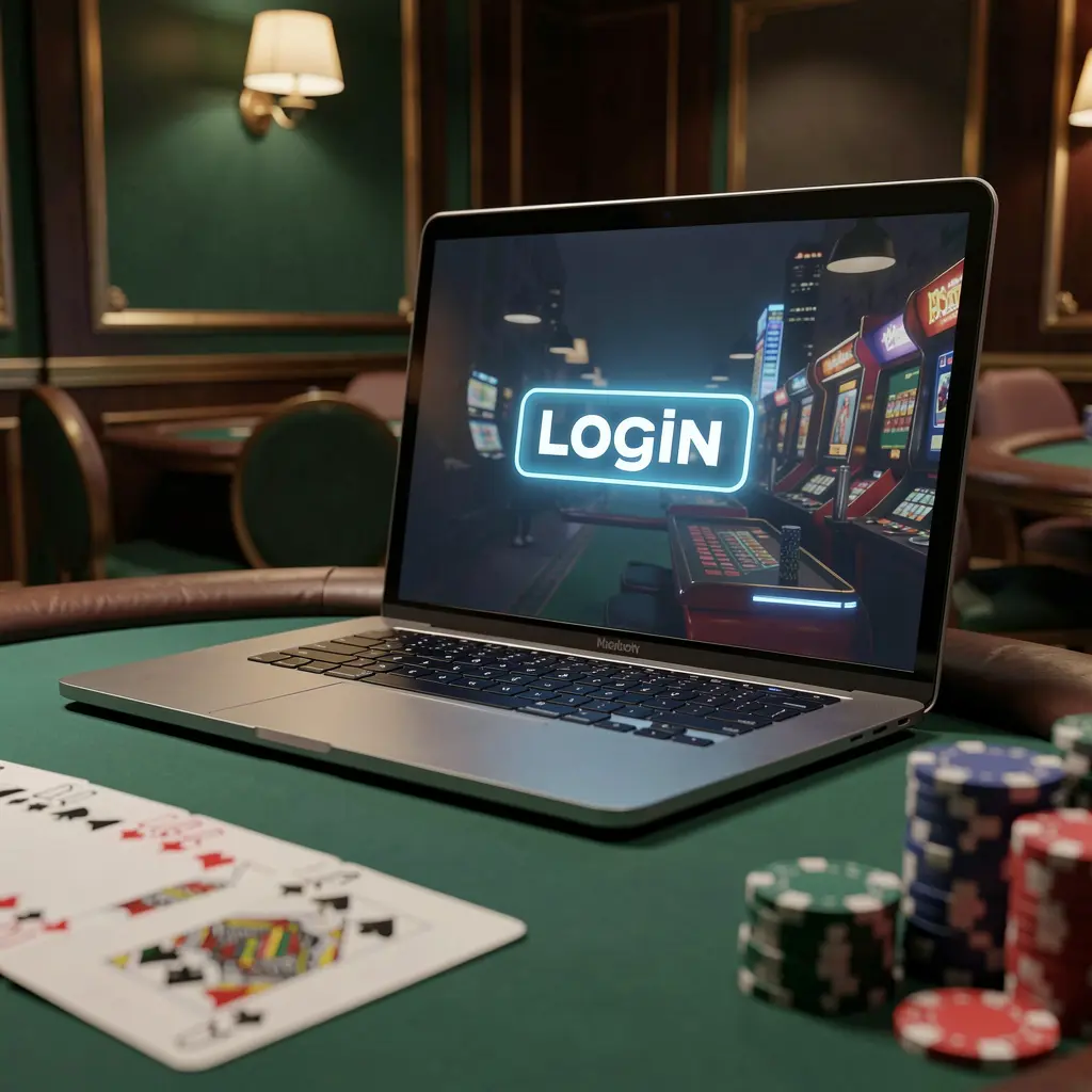 Modern laptop on a casino table with poker chips and cards, showcasing the 6NNN login interface for secure access in Bangladesh